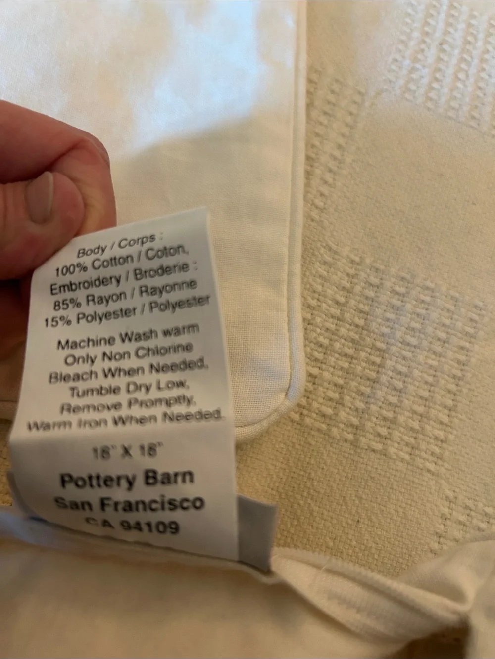 Pottery Barn Cream embroidered floral Pillow Cover “18x”18”
